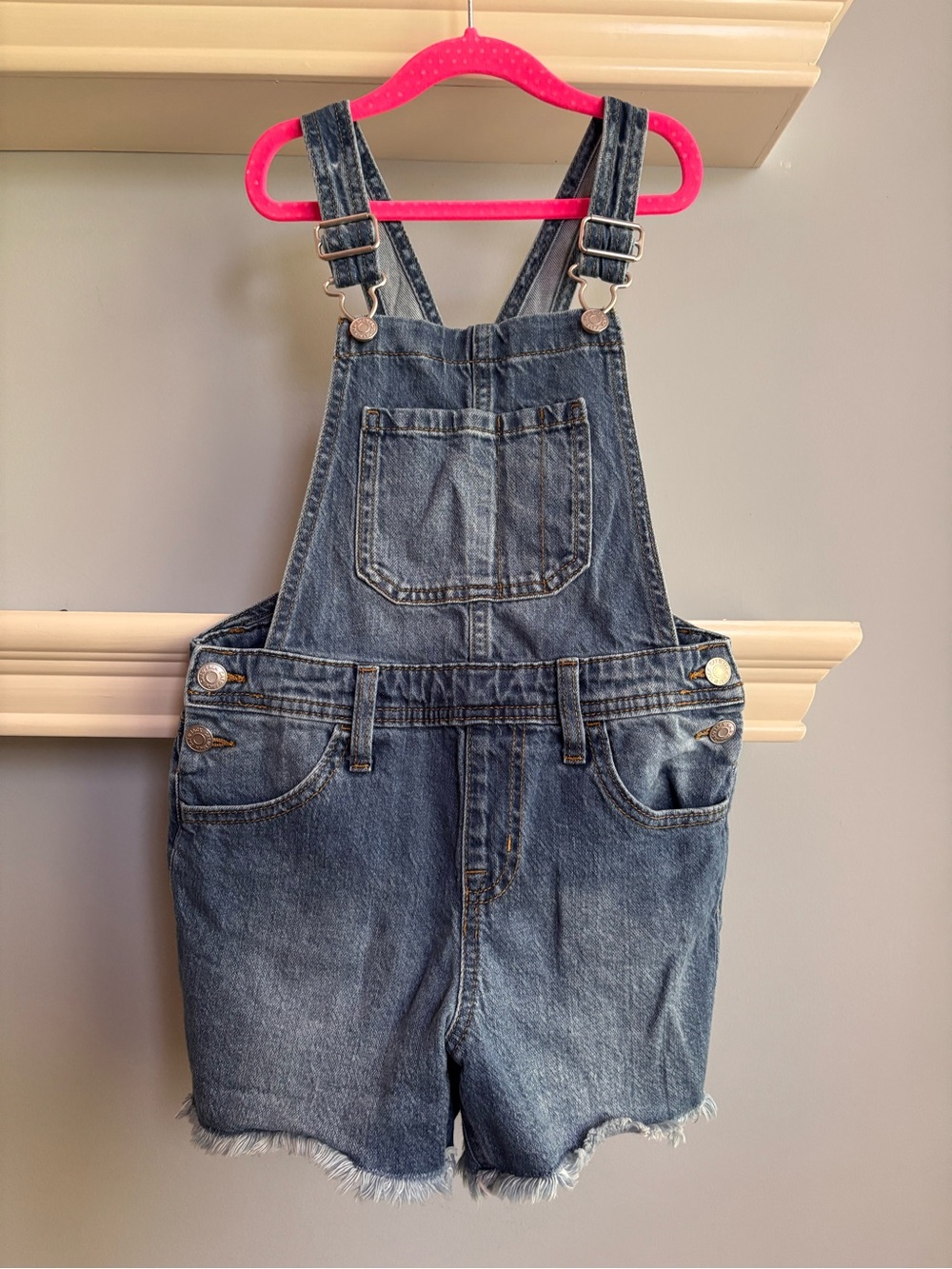 Cat & Jack Denim Blue Short Overalls with Frayed Hem